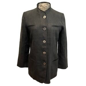 Vintage 80s Black Linen Jacket Fitted Lined Button Mandarin Corpcore Old‎ Money